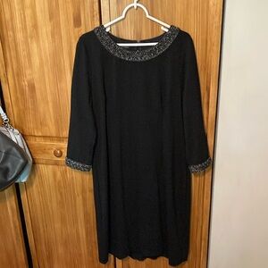 Talbots Ponte Knit Long Sleeve Nubby Tweed Accented Black Shift Dress Size 16